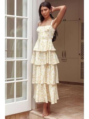 Mika & Gala Women's Size M Provence Bloom Tiered Feminine Yellow Midi Dress